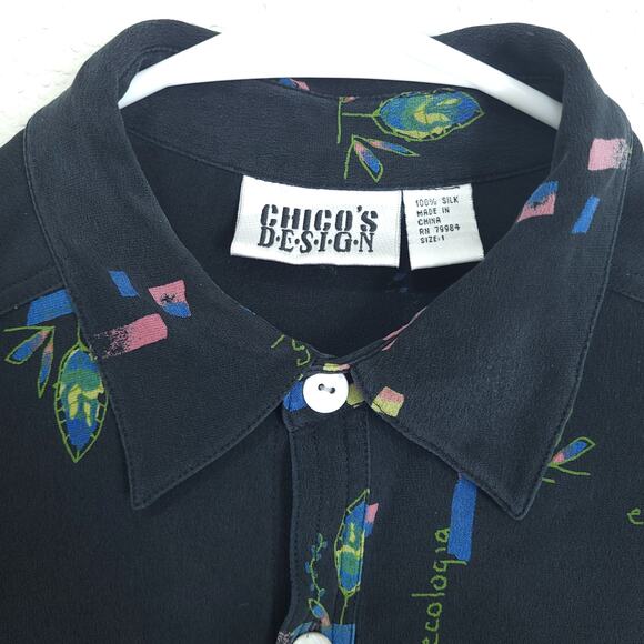Chicos Button Up Blouse Womens M Silk Casual Artsy Abstract Floral Plants - Picture 9 of 13